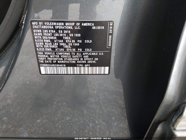 44818877 :رقم المزاد ، 1V2ER2CA3KC604816 vin ، 2019 Volkswagen Atlas 3.6l V6 Sel مزاد بيع