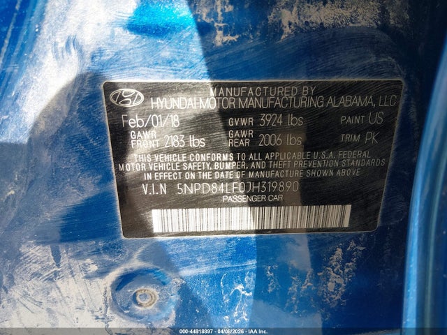 Aukcja sprzedaży 2018 Hyundai Elantra Sel, vin: 5NPD84LF0JH319890, numer aukcji: 44818897