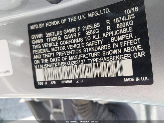 Auction sale of the 2019 Honda Civic Sport Touring, vin: SHHFK7H96KU203137, lot number: 44818902