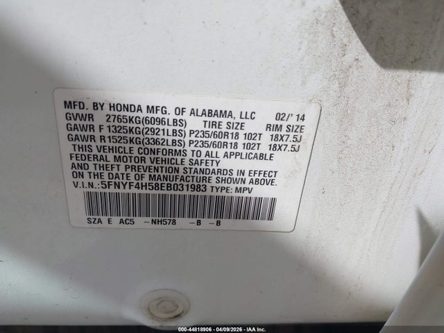 Honda Pilot Ex-l 2014 5FNYF4H58EB031983 Image 9