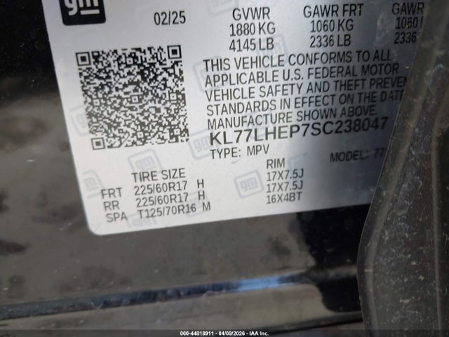 Продажа на аукционе авто 2025 Chevrolet Trax Fwd Lt, vin: KL77LHEP7SC238047, номер лота: 44818911
