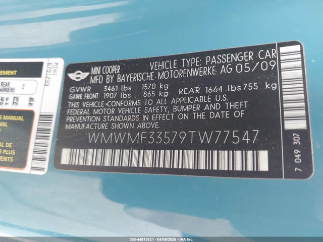 2009 MINI COOPER WMWMF33579TW77547 Photo 8