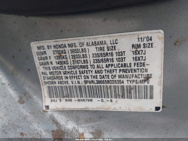 2005 Honda Odyssey Ex-l მანქანა იყიდება აუქციონზე, vin: 5FNRL38665B028354, აუქციონის ნომერი: 44818948