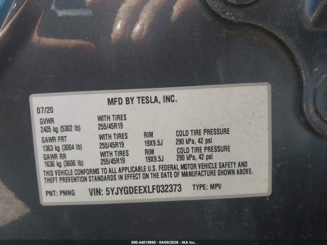44818980 :رقم المزاد ، 5YJYGDEEXLF032373 vin ، 2020 Tesla Model Y Long Range Dual Motor All-wheel Drive مزاد بيع