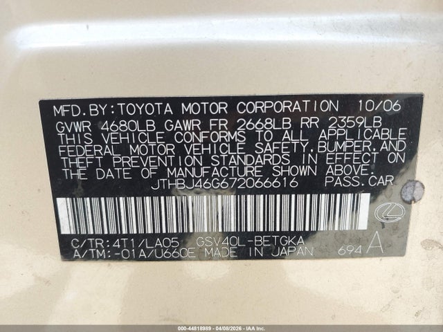 Aukcja sprzedaży 2007 Lexus Es 350, vin: JTHBJ46G672066616, numer aukcji: 44818989