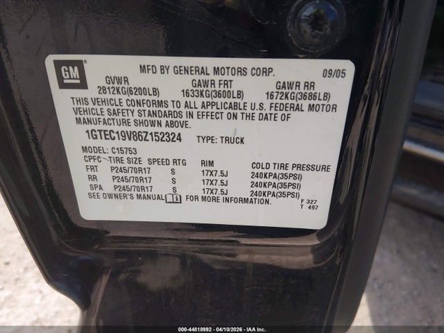 Продаж на аукціоні авто 2006 Gmc Sierra 1500 Sle1, vin: 1GTEC19V86Z152324, номер лоту: 44818992