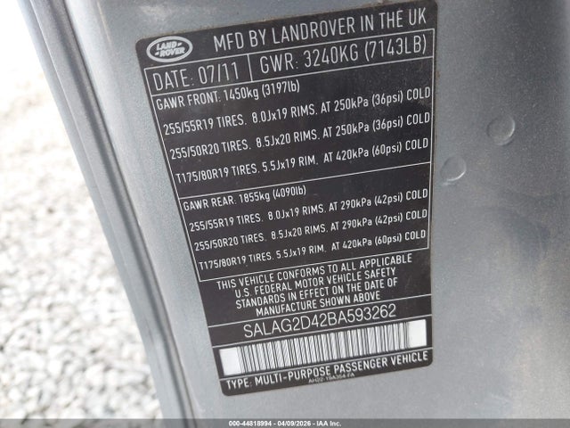 44818994 :رقم المزاد ، SALAG2D42BA593262 vin ، 2011 Land Rover Lr4 مزاد بيع