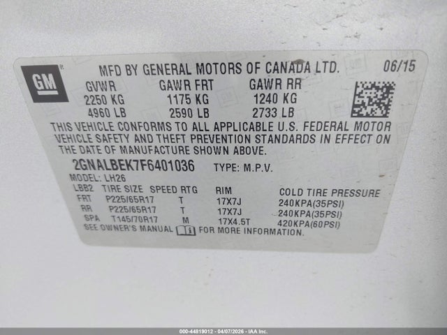 Chevrolet EQUINOX 1LT 2015 2GNALBEK7F6401036 Image 9