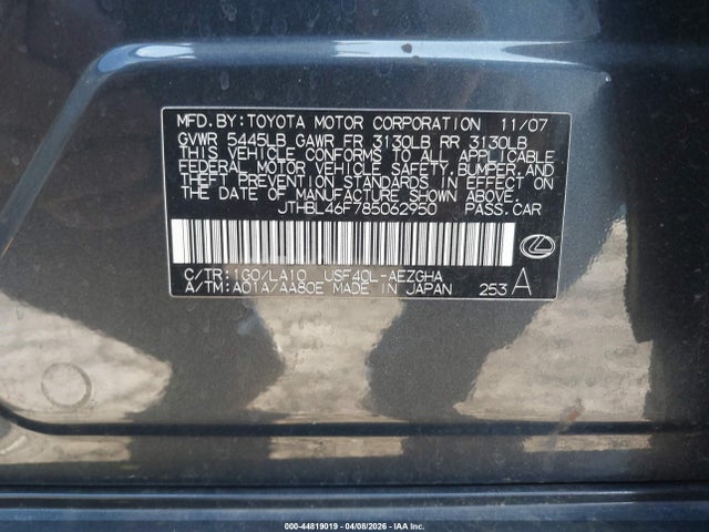 Продаж на аукціоні авто 2008 Lexus Ls 460, vin: JTHBL46F785062950, номер лоту: 44819019