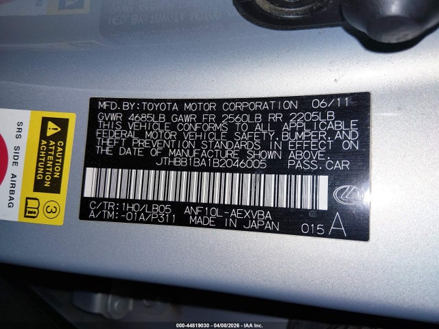 44819030 :رقم المزاد ، JTHBB1BA1B2046005 vin ، 2011 Lexus Hs 250h مزاد بيع