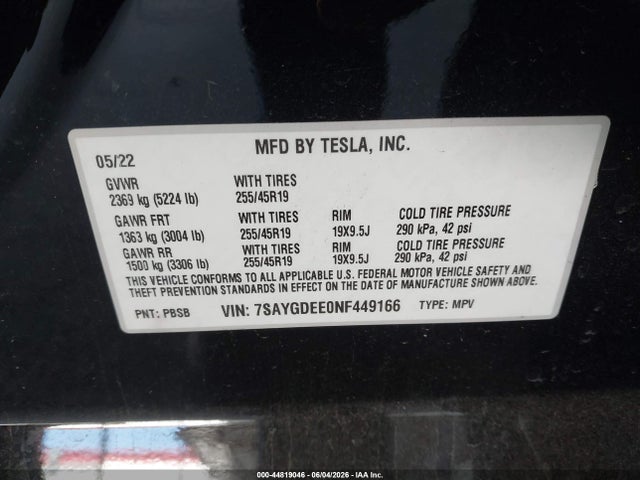 Продажа на аукционе авто 2022 Tesla Model Y Long Range Dual Motor All-wheel Drive, vin: 7SAYGDEE0NF449166, номер лота: 44819046