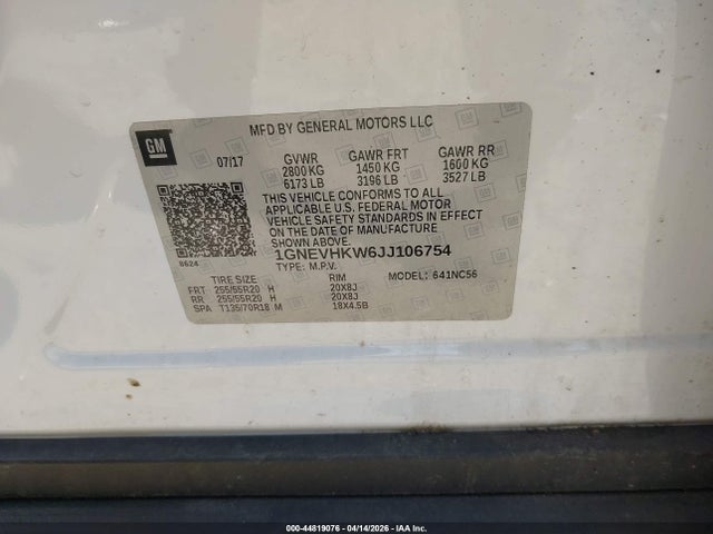 Продаж на аукціоні авто 2018 Chevrolet Traverse 3lt, vin: 1GNEVHKW6JJ106754, номер лоту: 44819076