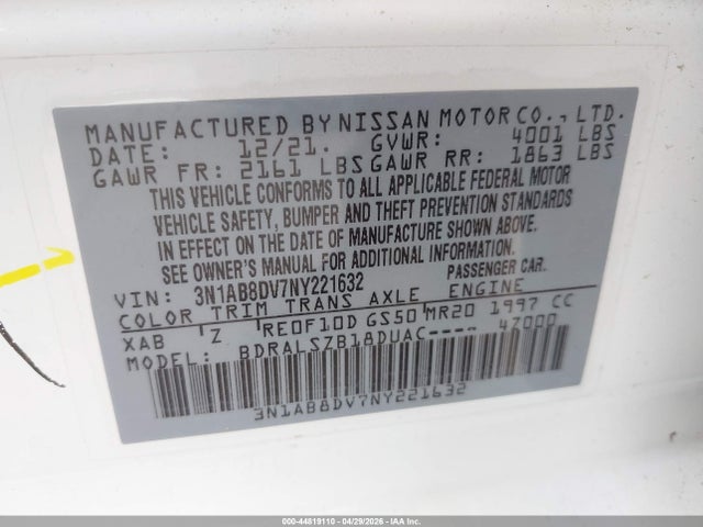 Продаж на аукціоні авто 2022 Nissan Sentra Sr Xtronic Cvt, vin: 3N1AB8DV7NY221632, номер лоту: 44819110