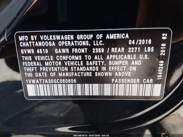 Продаж на аукціоні авто 2016 Volkswagen Passat 1.8t S, vin: 1VWAT7A35GC050606, номер лоту: 44819114