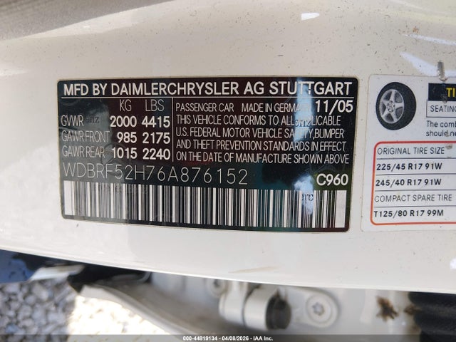 Продажа на аукционе авто 2006 Mercedes-benz C 230 Sport, vin: WDBRF52H76A876152, номер лота: 44819134