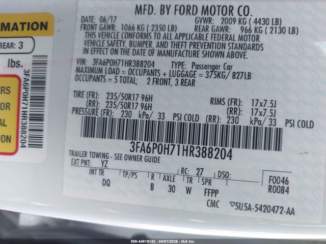 Ford FUSION SE 2017 3FA6P0H71HR388204 Image 9