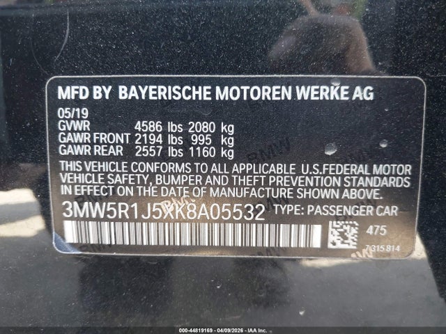 2019 Bmw 330i მანქანა იყიდება აუქციონზე, vin: 3MW5R1J5XK8A05532, აუქციონის ნომერი: 44819169