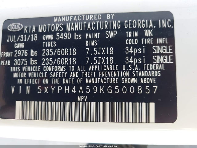 Продажа на аукционе авто 2019 Kia Sorento 3.3l Ex, vin: 5XYPH4A59KG500857, номер лота: 44819197