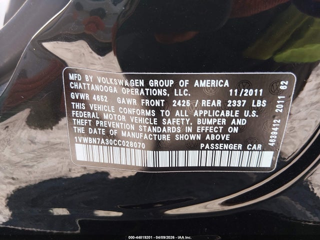 2012 Volkswagen Passat 2.0l Tdi Se მანქანა იყიდება აუქციონზე, vin: 1VWBN7A30CC028070, აუქციონის ნომერი: 44819201