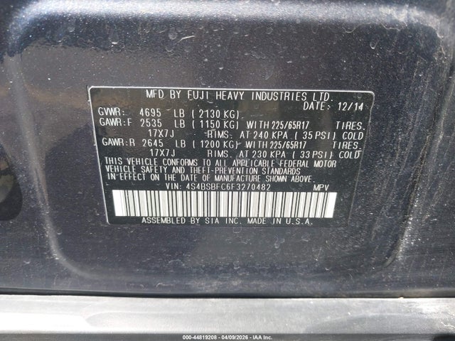44819208 :رقم المزاد ، 4S4BSBFC6F3270482 vin ، 2015 Subaru Outback 2.5i Premium مزاد بيع