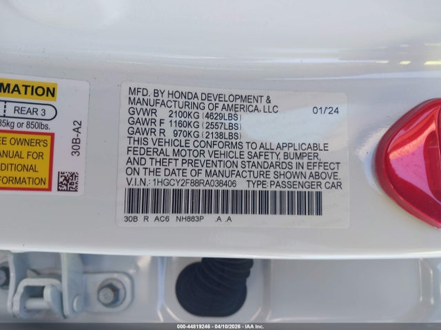 Aukcja sprzedaży 2024 Honda Accord Hybrid Touring, vin: 1HGCY2F88RA038406, numer aukcji: 44819246