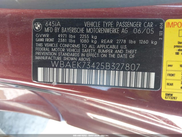Продаж на аукціоні авто 2005 Bmw 645ci, vin: WBAEK73425B327807, номер лоту: 44819252