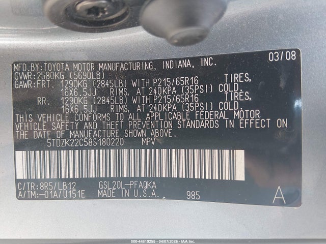2008 TOYOTA SIENNA 5TDZK22C58S180220 Photo 8