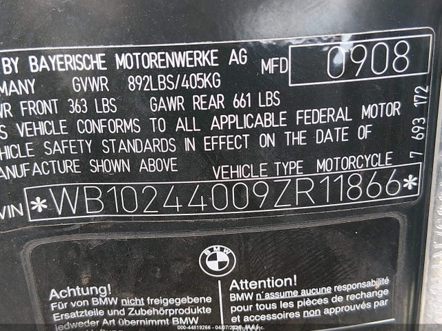 44819266 :رقم المزاد ، WB10244009ZR11866 vin ، 2009 Bmw F800 St مزاد بيع
