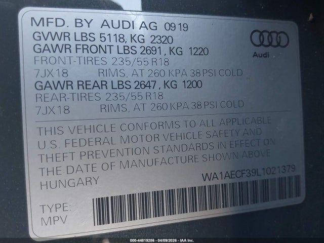 Продаж на аукціоні авто 2020 Audi Q3 Premium 45 Tfsi Quattro Tiptronic, vin: WA1AECF39L1021379, номер лоту: 44819286