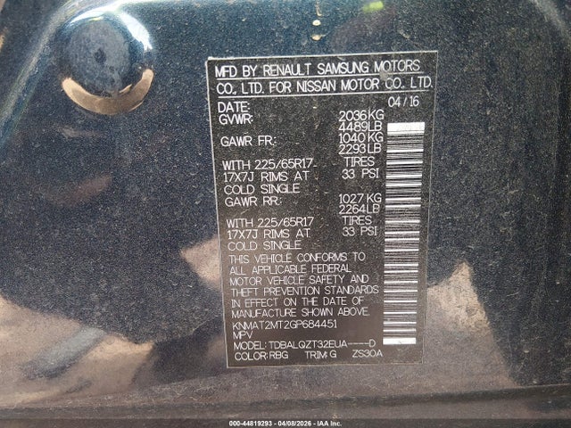 Продаж на аукціоні авто 2016 Nissan Rogue Sv, vin: KNMAT2MT2GP684451, номер лоту: 44819293