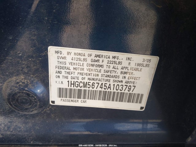 Aukcja sprzedaży 2005 Honda Accord 2.4 Ex, vin: 1HGCM56745A103797, numer aukcji: 44819298
