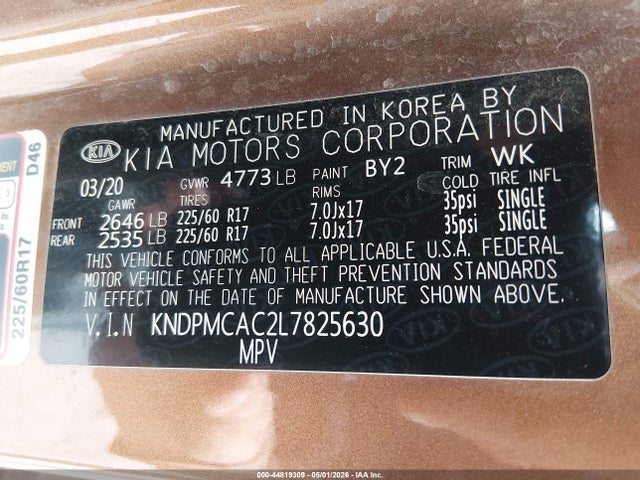 44819309 :رقم المزاد ، KNDPMCAC2L7825630 vin ، 2020 Kia Sportage Lx مزاد بيع