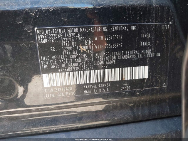 2021 Toyota Rav4 Hybrid Xle მანქანა იყიდება აუქციონზე, vin: 4T3RWRFVXMU045297, აუქციონის ნომერი: 44819323