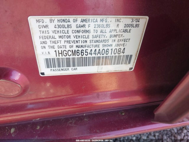 44819335 :رقم المزاد ، 1HGCM66544A061084 vin ، 2004 Honda Accord 3.0 Ex مزاد بيع
