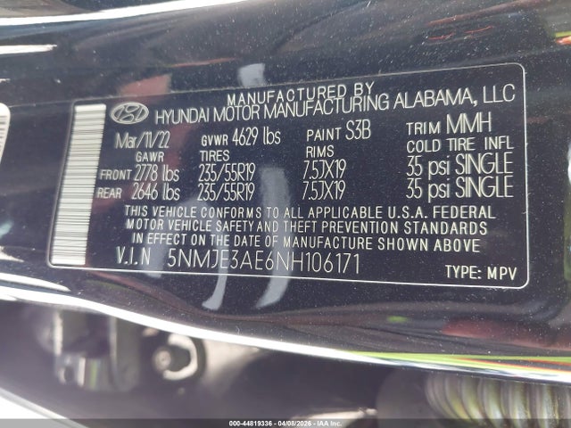 Auction sale of the 2022 Hyundai Tucson Limited, vin: 5NMJE3AE6NH106171, lot number: 44819336