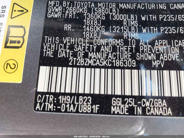 Продажа на аукционе авто 2019 Lexus Rx 350, vin: 2T2BZMCA5KC186309, номер лота: 44819342