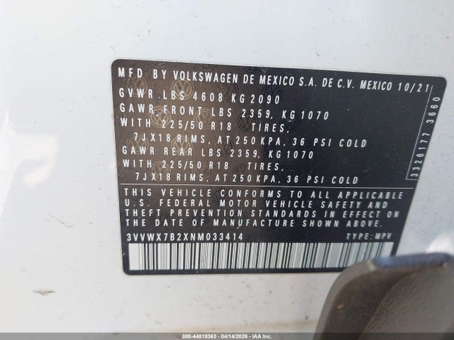 Продажа на аукционе авто 2022 Volkswagen Taos 1.5t Se, vin: 3VVWX7B2XNM033414, номер лота: 44819363