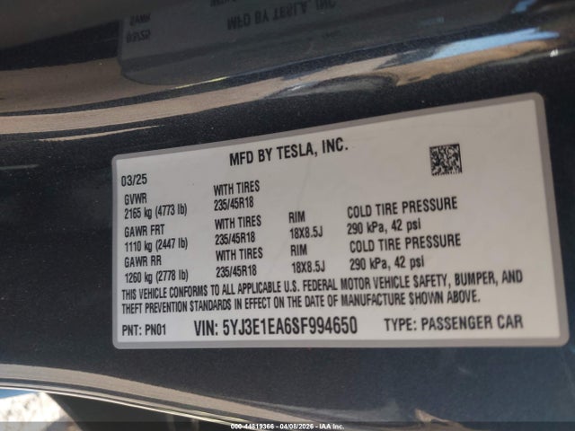 Aukcja sprzedaży 2025 Tesla Model 3 Long Range Rear-wheel Drive/standard Rear-wheel Drive, vin: 5YJ3E1EA6SF994650, numer aukcji: 44819366