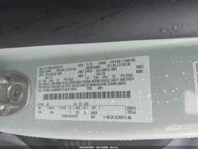 Продаж на аукціоні авто 2026 Ford Escape St-line, vin: 1FMCU0MN8TUA21002, номер лоту: 44819367