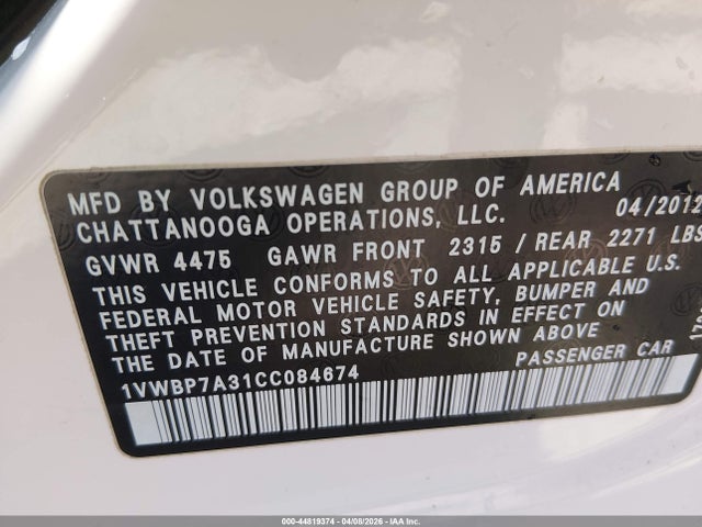 Продажа на аукционе авто 2012 Volkswagen Passat 2.5l Se, vin: 1VWBP7A31CC084674, номер лота: 44819374
