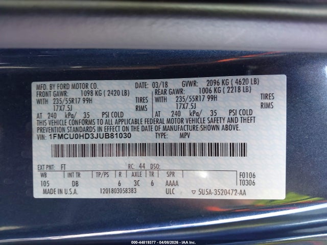 44819377 :رقم المزاد ، 1FMCU0HD3JUB81030 vin ، 2018 Ford Escape Sel مزاد بيع