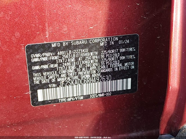 Продаж на аукціоні авто 2024 Subaru Forester Premium, vin: JF2SKADC6RH492630, номер лоту: 44819385