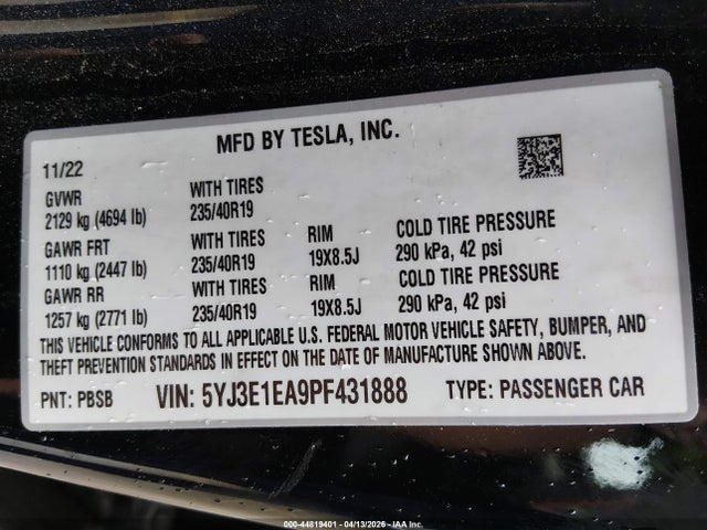Продажа на аукционе авто 2023 Tesla Model 3 Rear-wheel Drive, vin: 5YJ3E1EA9PF431888, номер лота: 44819401