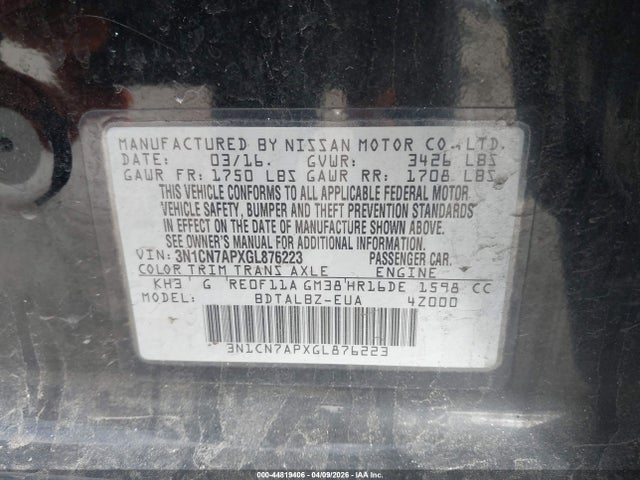 3N1CN7APXGL876223 Nissan Versa 1.6 S/1.6 S+/1.6 Sl/1.6 Sv