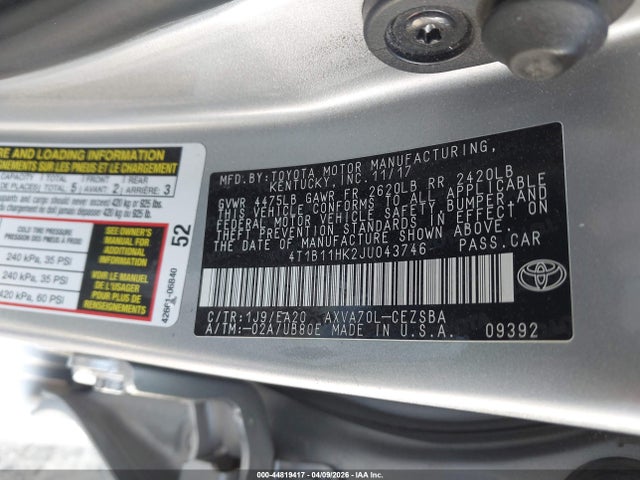 44819417 :رقم المزاد ، 4T1B11HK2JU043746 vin ، 2018 Toyota Camry Se مزاد بيع