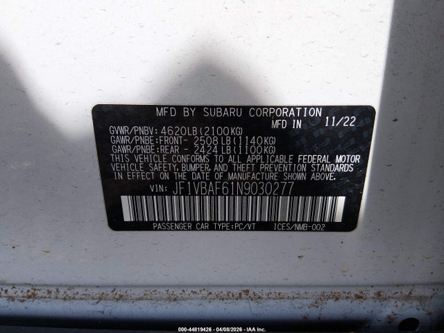 2022 Subaru Wrx Premium მანქანა იყიდება აუქციონზე, vin: JF1VBAF61N9030277, აუქციონის ნომერი: 44819426