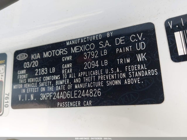 Aukcja sprzedaży 2020 Kia Forte Lxs, vin: 3KPF24AD6LE244826, numer aukcji: 44819432
