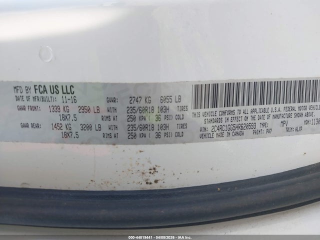 Aukcja sprzedaży 2017 Chrysler Pacifica Limited, vin: 2C4RC1GG5HR620593, numer aukcji: 44819441