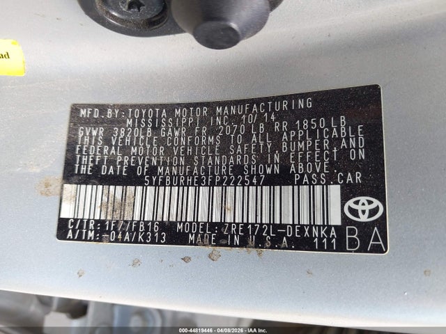 44819446 :رقم المزاد ، 5YFBURHE3FP222547 vin ، 2015 Toyota Corolla Le مزاد بيع