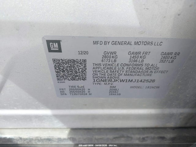 Aukcja sprzedaży 2021 Chevrolet Traverse Fwd Rs, vin: 1GNERJKW1MJ142528, numer aukcji: 44819508